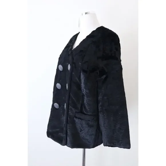 Vintage 1960s Styled By Winter Size L Faux Fur Teddy Coat Double Breasted Black - Picture 5 of 12